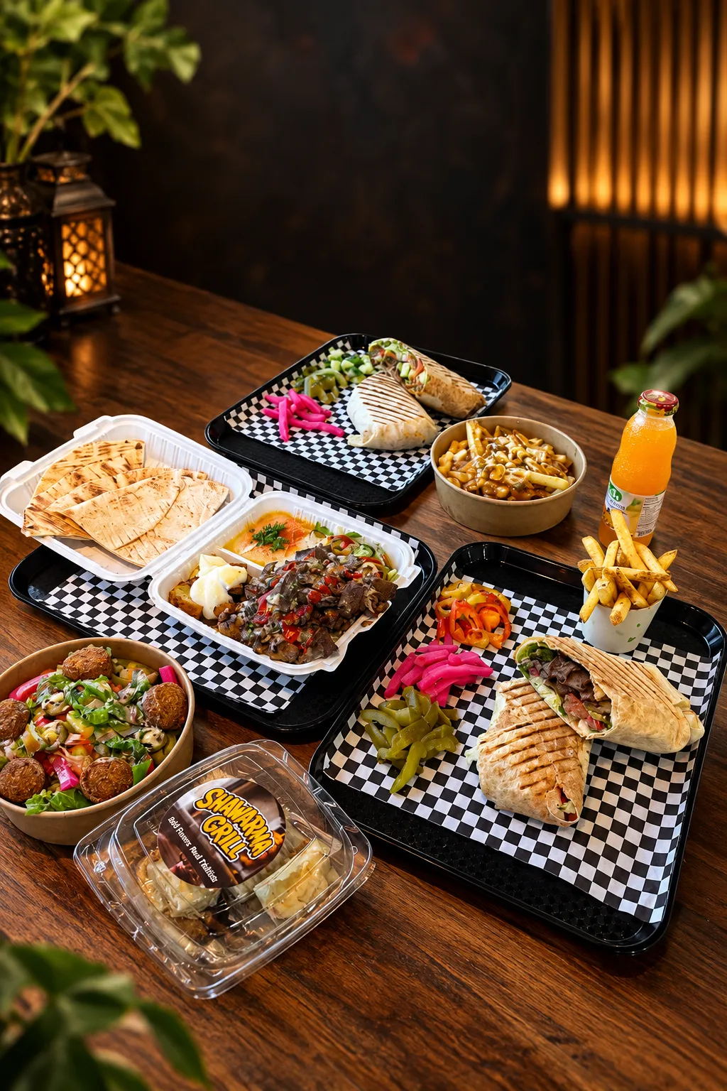 A spread of halal shawarma dishes from the Shawarma Grill menu in Airdrie, Alberta