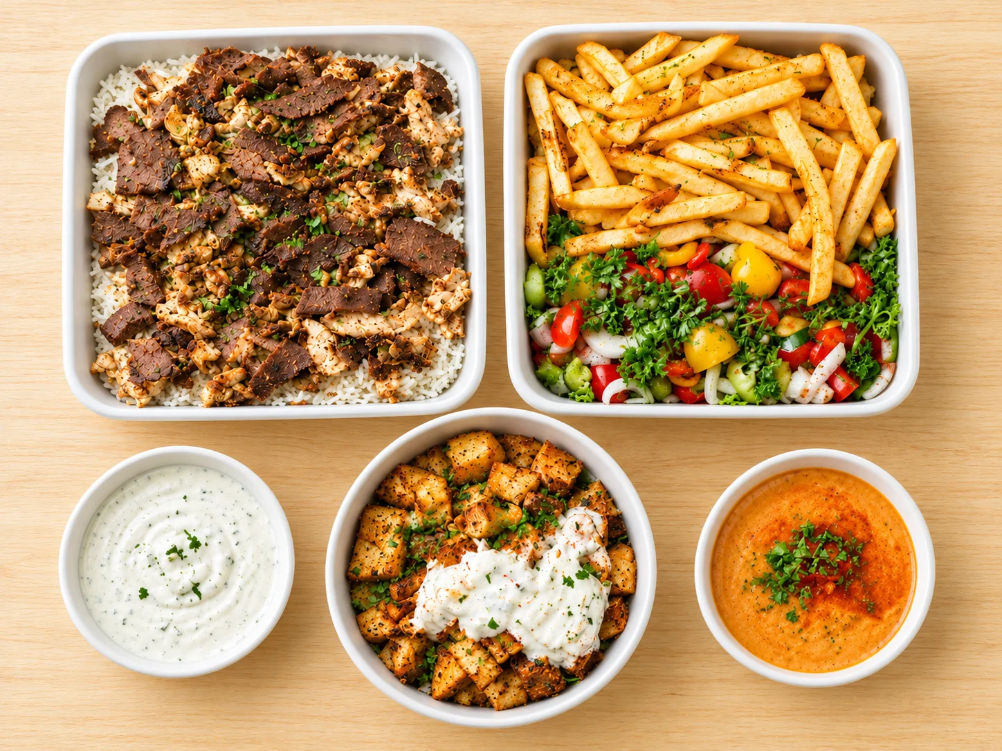 Mixed chicken and beef shawarma platter with seasoned rice and salad at Shawarma Grill, Centre Avenue East, Airdrie